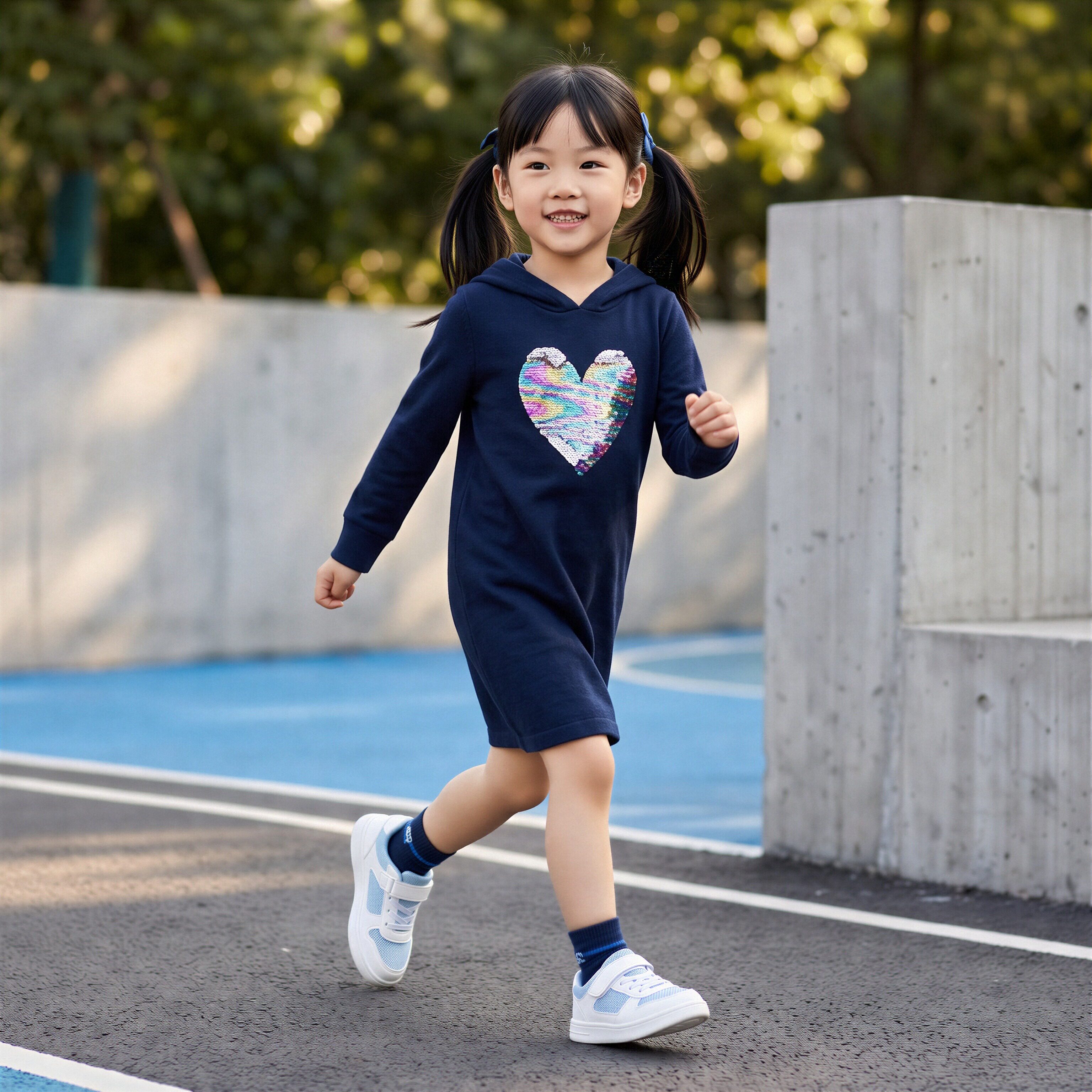 春秋冬纯棉连帽女童爱心连衣裙