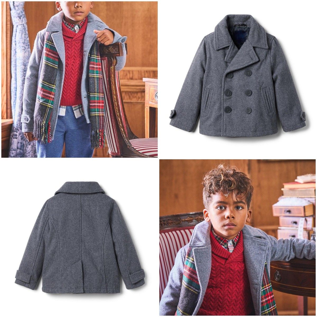 JANIE AND JACK烟灰色羊毛呢秋冬款高档男童双排扣西装领外套大衣