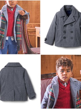 JANIE AND JACK烟灰色羊毛呢秋冬款高档男童双排扣西装领外套大衣