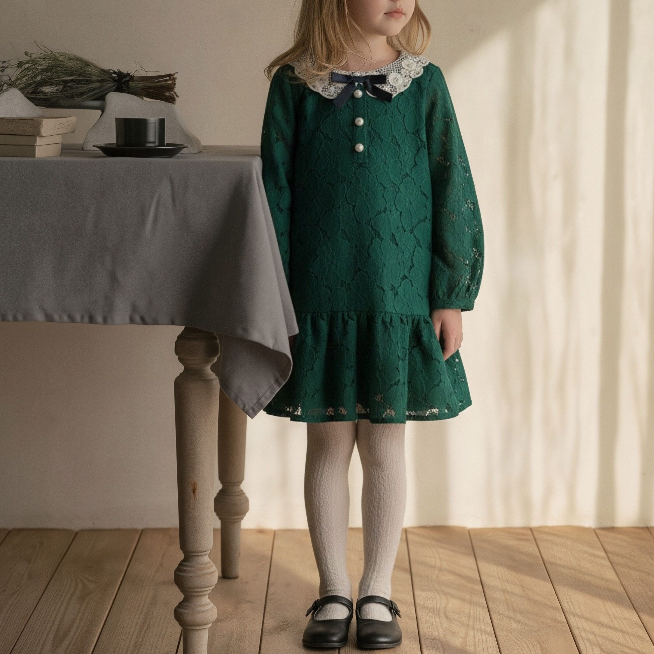 JANIE AND JACK25春秋夏宝石绿蕾丝纯棉法式女童长袖连衣裙公主裙