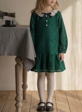 JANIE AND JACK25款秋冬宝石绿蕾丝纯棉法式女童长袖连衣裙公主裙