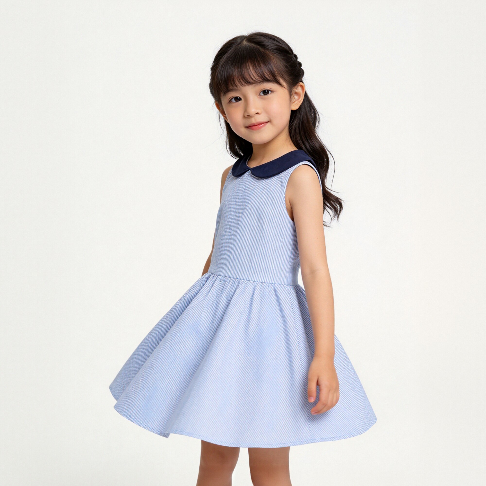 春夏纯棉天蓝白条纹女童连衣裙