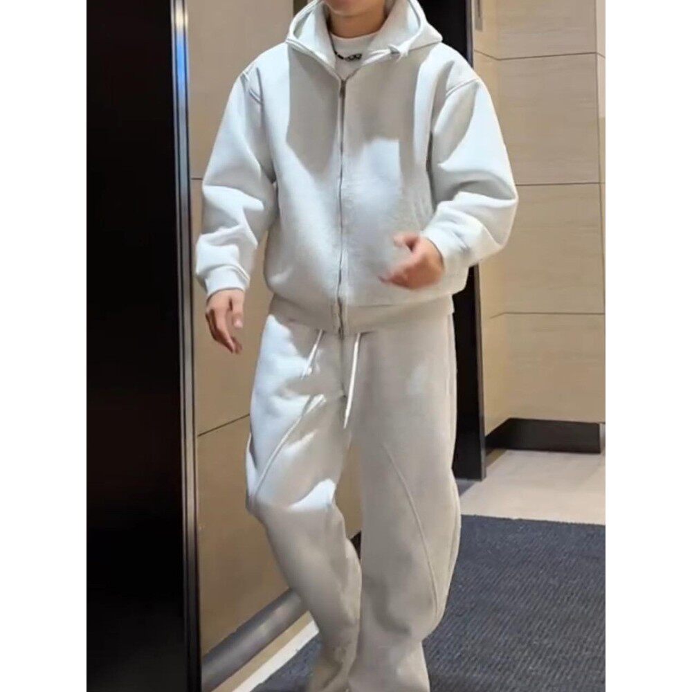 特大码韩国男套装秋冬净版加绒加厚休闲运动宽松连帽外套直筒卫裤,男装,休闲运动套装,淘宝优惠券,粉丝福利购,淘宝优惠卷