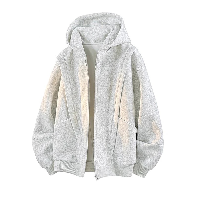 特大码美式潮牌白花灰连帽卫衣男装秋冬宽松休闲解构廓形夹克外套