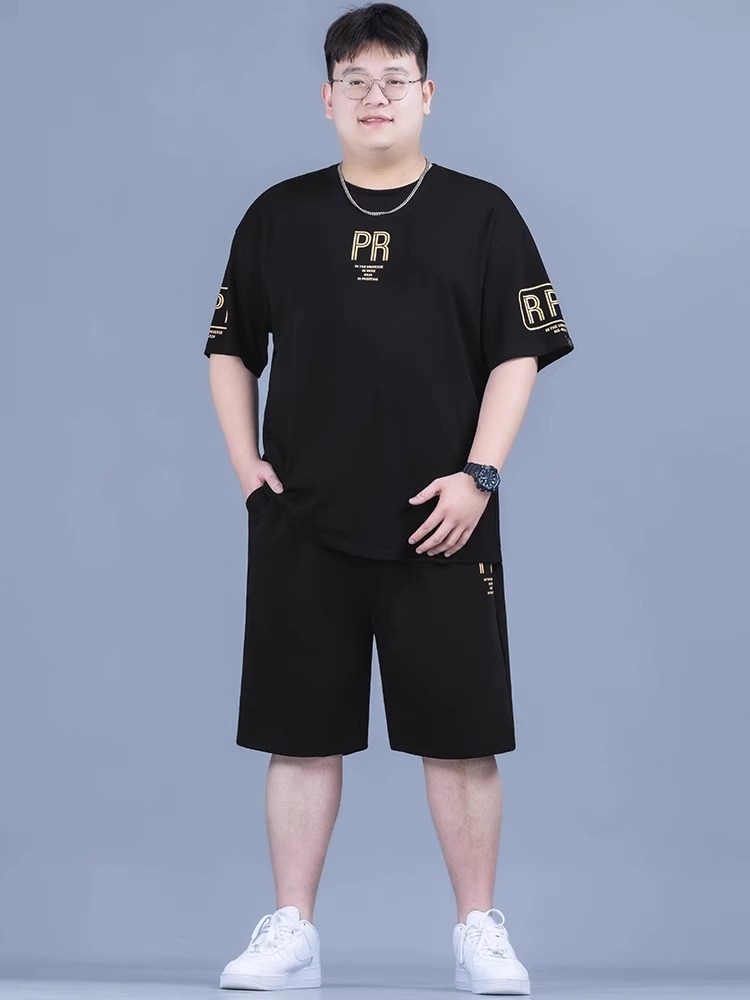 大码男装夏季冰丝T恤加肥加大胖子宽松百搭短袖短裤休闲运动套装