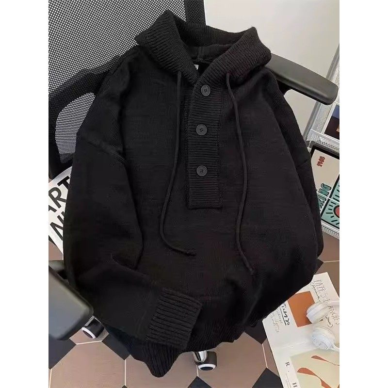 大码美式黑色连帽毛衣男款秋冬季宽松慵懒风高级感情侣针织衫外套