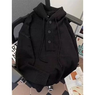 大码美式黑色连帽毛衣男款秋冬季宽松慵懒风高级感情侣针织衫外套