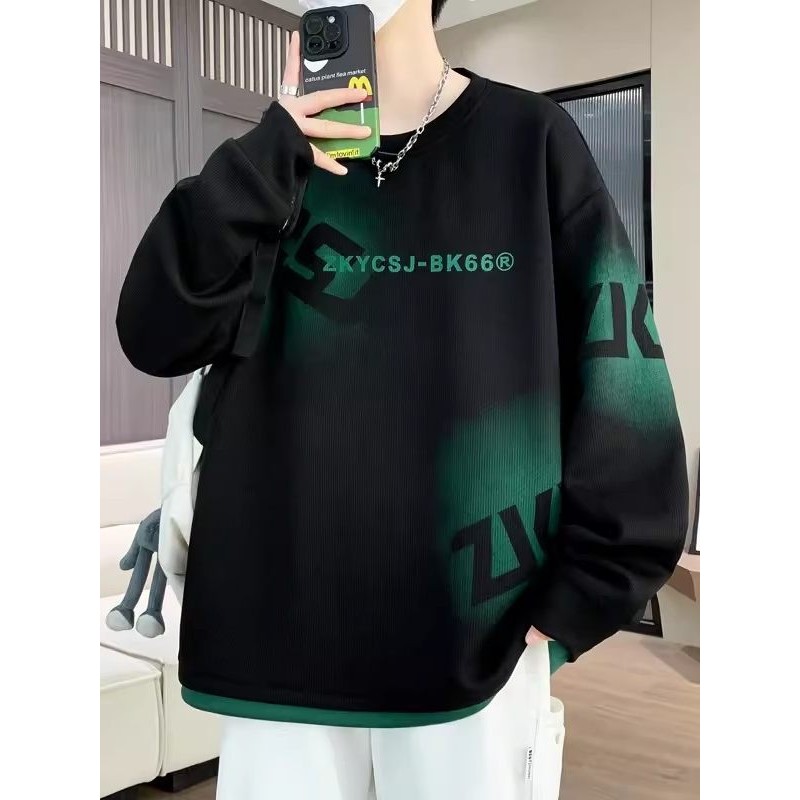美式重磅长袖卫衣男士2026春季新款圆领宽松打底衫青少年外穿T恤图片