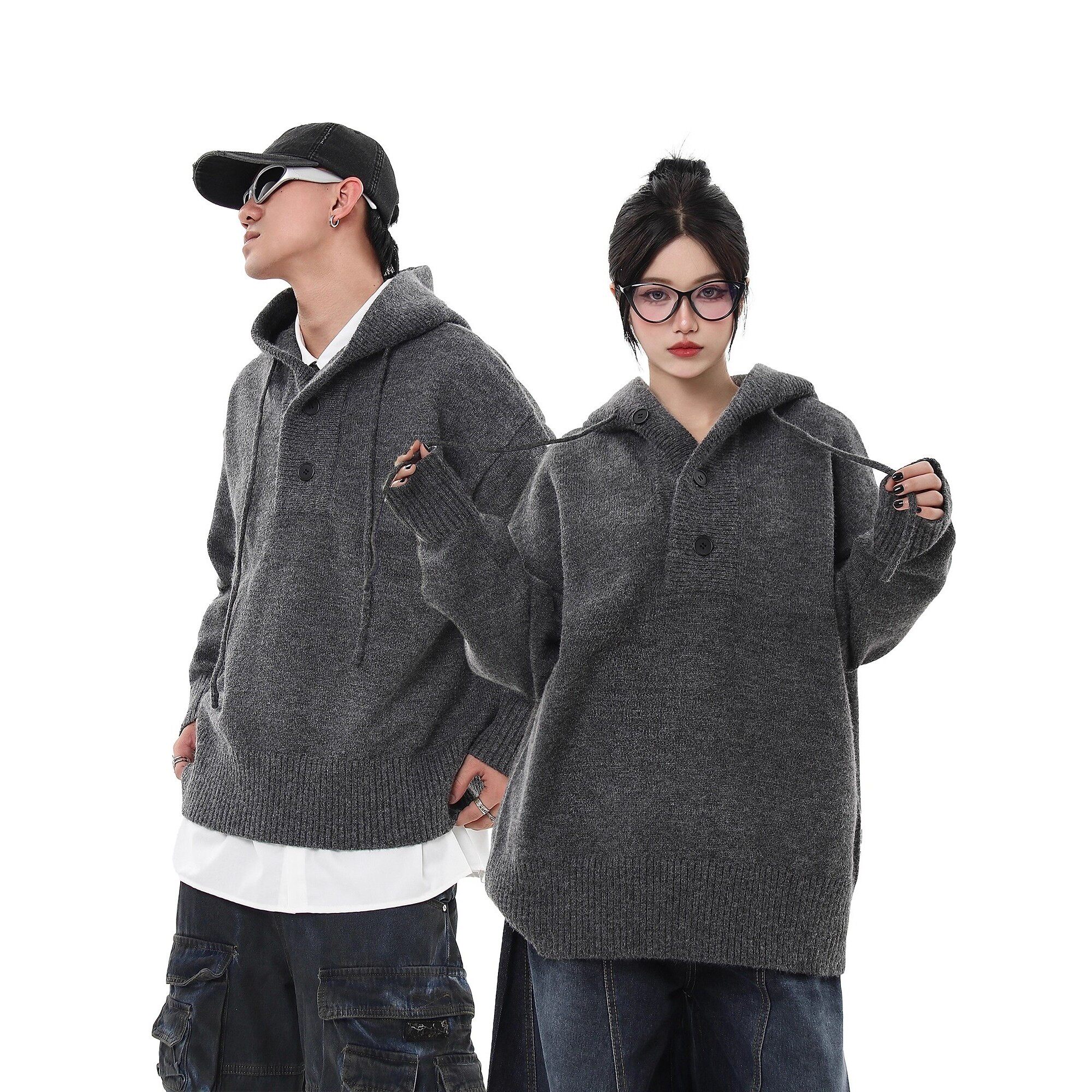 特大码美式cleanfit慵懒风宽松高级感毛衣外套男女秋冬连帽针织衫