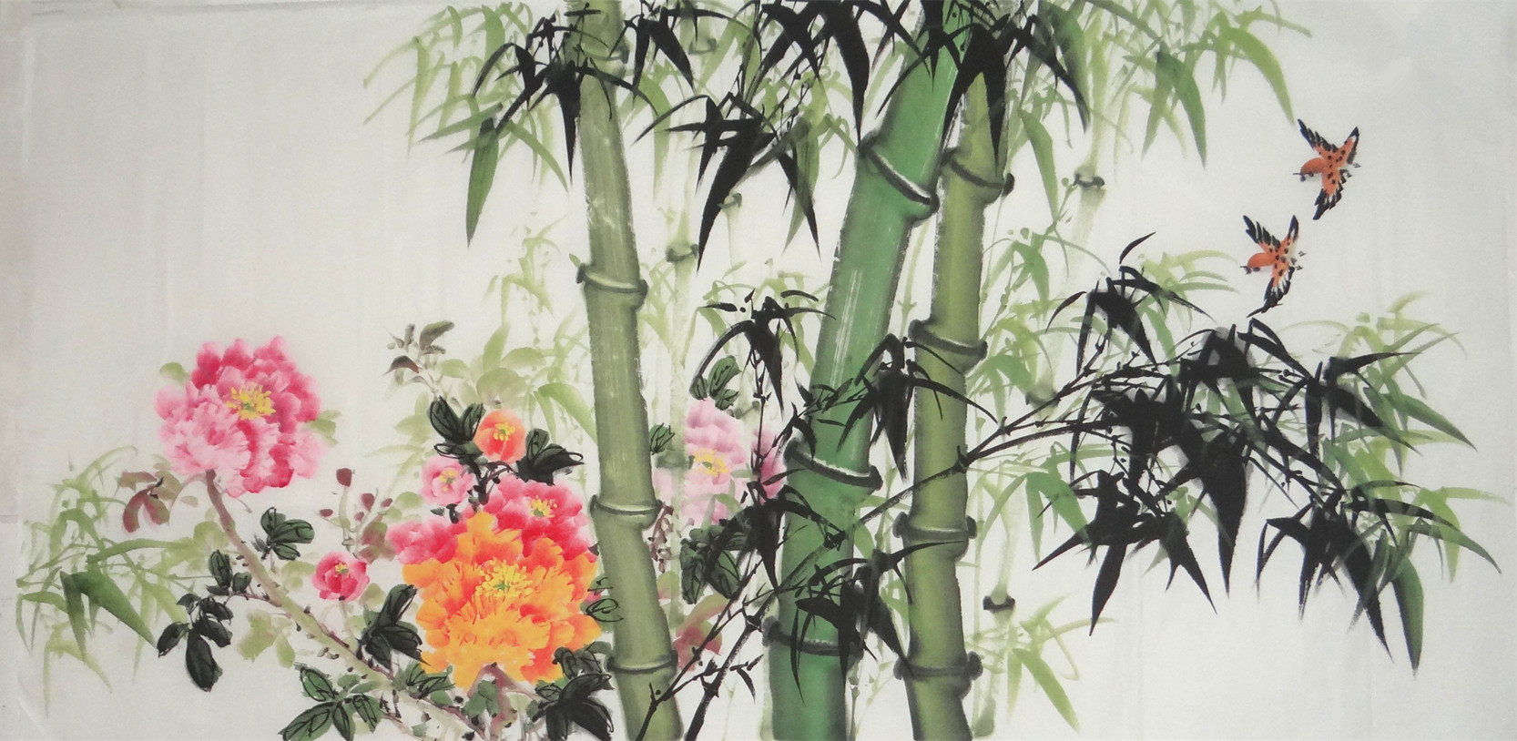 四尺牡丹竹子纯手绘横幅国画玄关风水画办公室客厅花鸟画芯