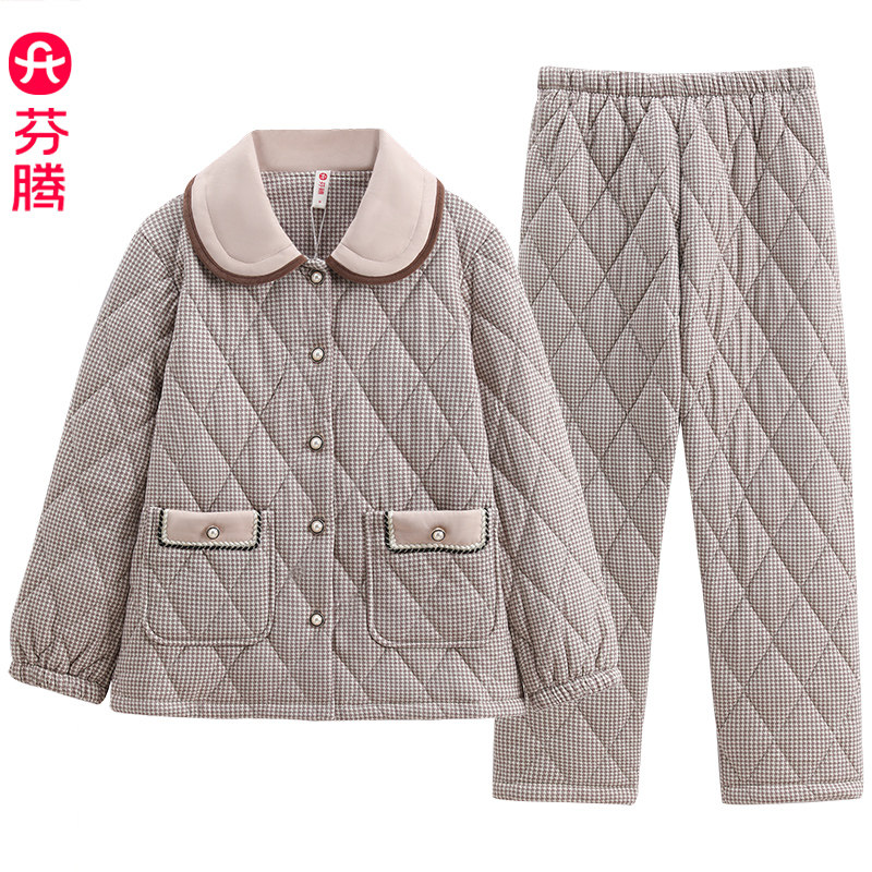 芬腾女士秋冬季复古文艺睡衣三层加厚夹棉纯棉两件套高级感家居服