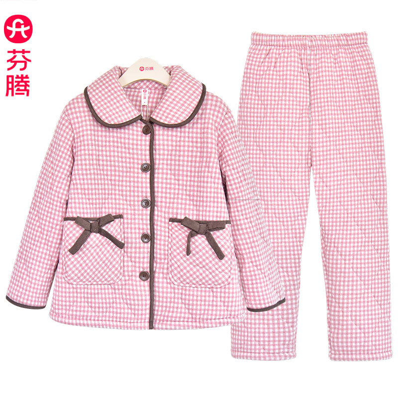 芬腾新款睡衣女士冬季三层夹棉加厚加绒甜美日系格子家居服梭织棉