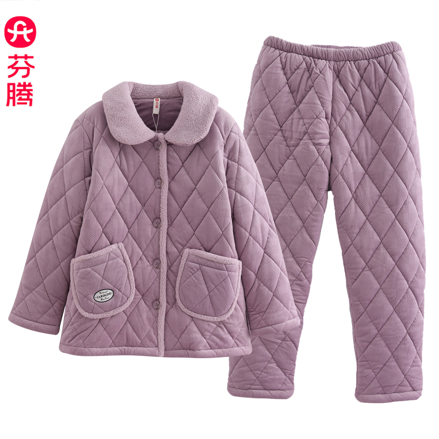 芬腾睡衣女冬珊瑚绒夹棉加厚法兰绒保暖休闲中老年家居服妈妈棉袄