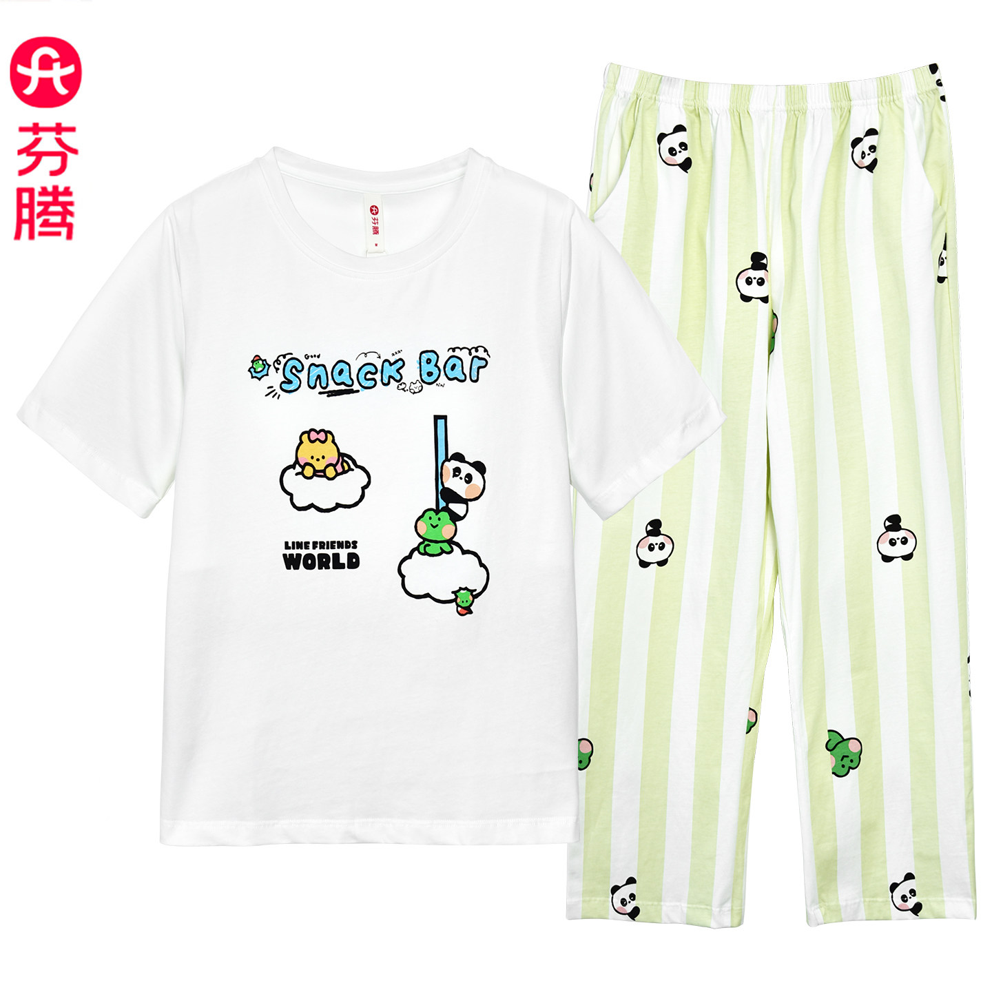 芬腾2026新款夏带胸垫纯棉睡衣女款短袖长裤宽松卡通家居服两件套