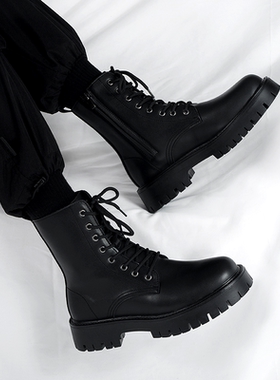 真皮侧拉链厚底马丁靴男新款增高机车靴子黑色英伦风高帮加绒皮鞋
