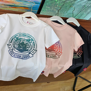 爽滑棉涤混纺男童短袖T恤衫儿童老虎头印花半袖体恤夏季宝宝上衣