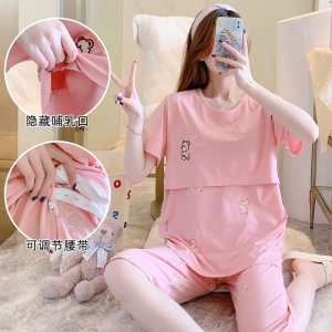 孕妇睡衣春夏薄款月子服短袖七分裤套装哺乳喂奶衣大码胖MM200斤