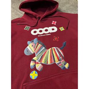 新年新款 马年印花酒红色连帽卫衣加绒加厚情侣男女秋冬慵懒风帽衫