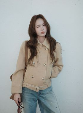 现货速发SRIKERLAB翻领双排扣羊毛呢大衣气质简约腰带设计短外套