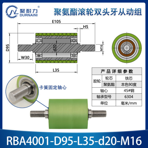 RBA-95双头外牙聚氨酯包胶轮胶辊无动力滚筒双轴承碳钢从动滚轮