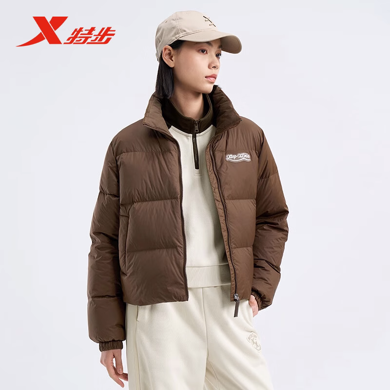 特步短款羽绒服女2024冬季新款潮流加绒加厚保暖立领运动外套棉服