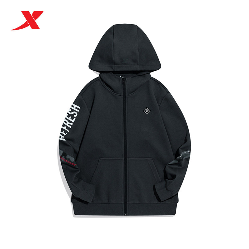 特步立领连帽外套男款春秋男装运动服休闲针织开衫迷彩夹克卫衣