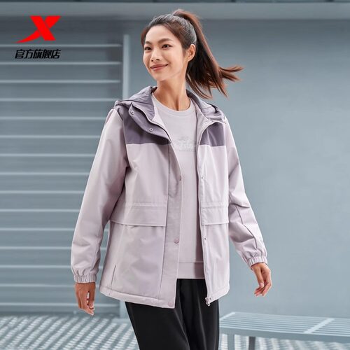 特步中长款加绒保暖外套女冬季新款梭织厚外套运动风衣连帽