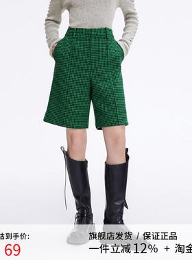 2022冬季新款宽松黑色拉链门襟复古千鸟格五分短裤女DDP4KD4798