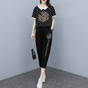 RM9427#夏季新款大码女装波点短袖上衣+七分裤两件套