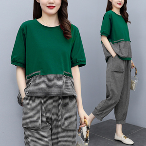 RM5994#棉麻休闲套装女时尚2023年新款大码胖mm哈伦裤两件套