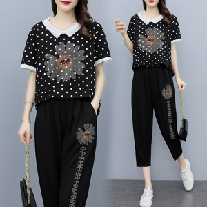 RM9427#夏季新款大码女装波点短袖上衣+七分裤两件套