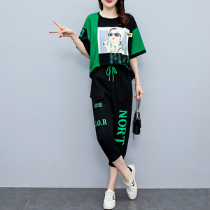 RM11250#胖mm运动休闲套装大码女装上衣七分裤夏装宽松两件套