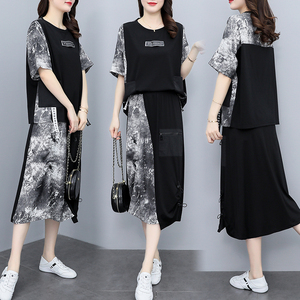 RM9428#大码夏季女装2023年新款胖mm韩版宽松扎染短袖T恤半身裙两件套装