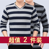 宽松爸爸装 春秋款 磨毛加厚条纹T恤针织衫 V领打底衫 t恤 长袖