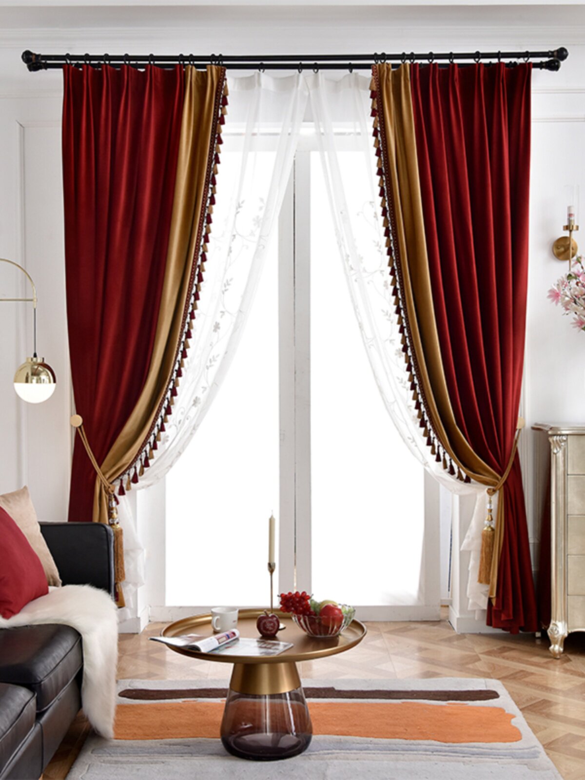 复古丝绒布酒红色窗帘遮光拼接式美式客厅卧室婚房落地飘窗帘定制