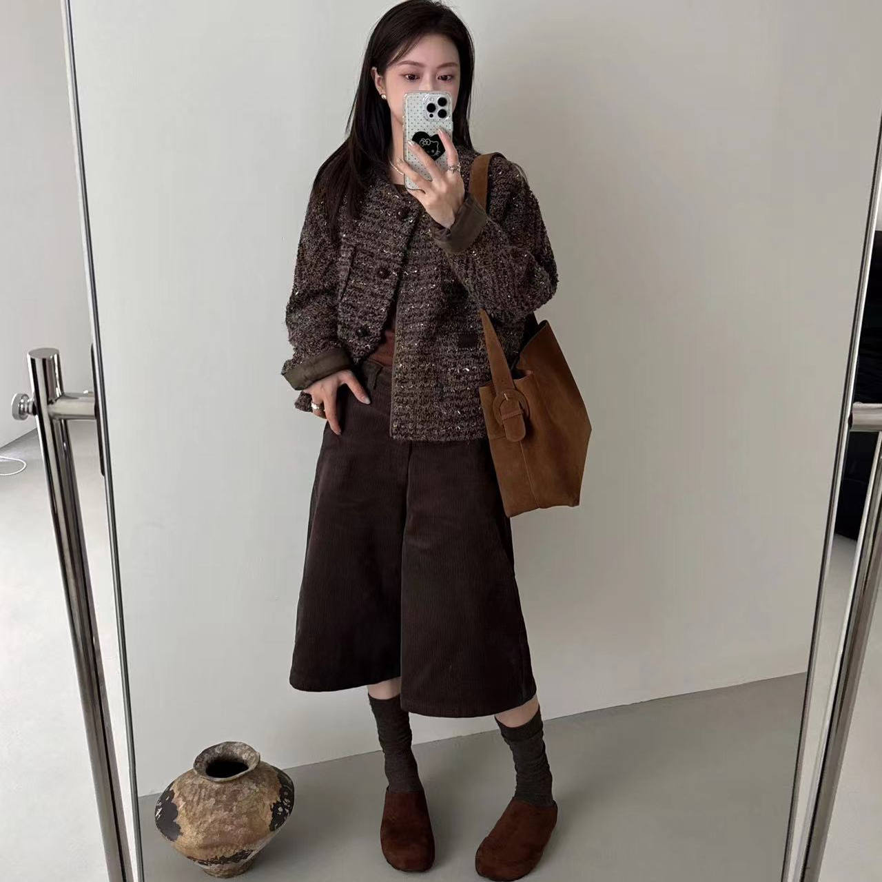 韩系小香风亮片粗花呢短款上衣