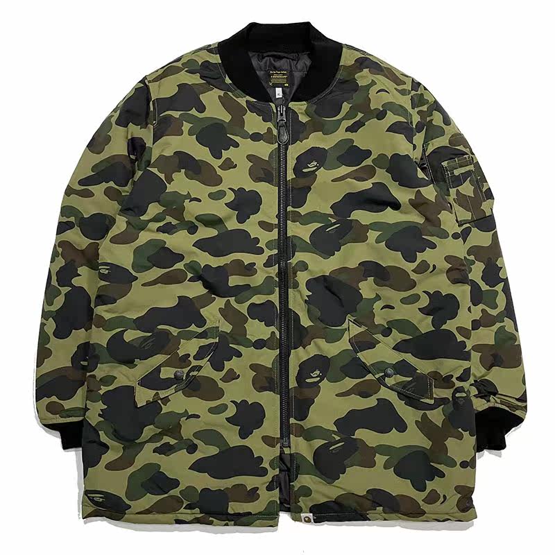现货 BAPE 1ST CAMO LONG JACKET 绿迷彩中长款棉服 MA1夹克 外套