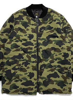 现货 BAPE 1ST CAMO LONG JACKET 绿迷彩中长款棉服 MA1夹克 外套