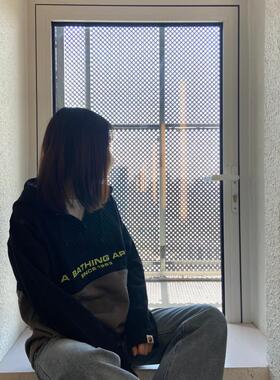 现货 BAPE HALF PULLOVER HOODIE 拼接黑色 猿人头 连帽卫衣帽衫