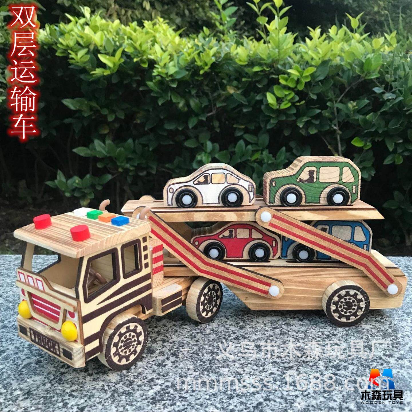 木质双层运输车 立体运输卡车 汽车模型车模精美家居摆件玩具