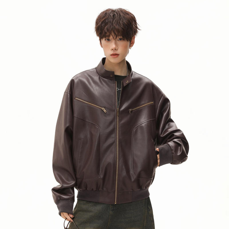 风立领U皮衣夹克男秋季复古宽松廓形机车服外套