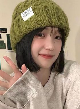 2024年帽子女粗针织毛线帽秋冬季百搭大头围绿色宽松ins潮显脸小