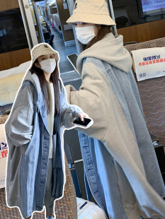 设计感小众拼接连帽外套女工装 2022新款 上衣 牛仔风衣女春装 中长款