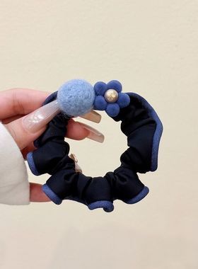 慵懒风蓝色花朵小肠圈百搭扎丸子头发绳高弹力褶皱设计皮筋头绳