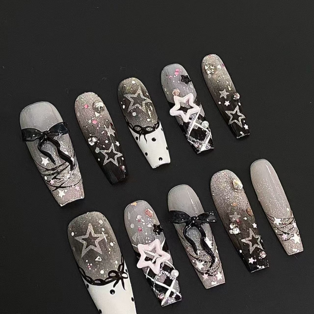 半手工蕾丝可爱学生辣妹法式暗黑美甲蝴蝶结显白气质高级穿戴指甲