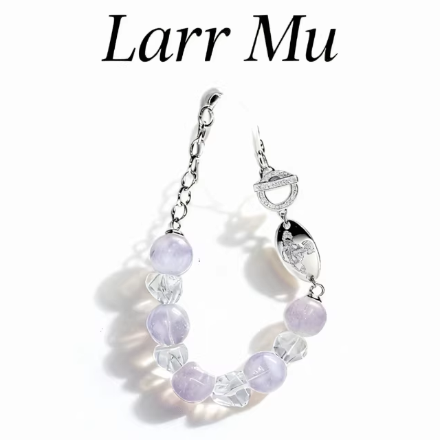 Larr mu 天然薰衣草紫幽灵白水晶随形925银土星链条手链高级感