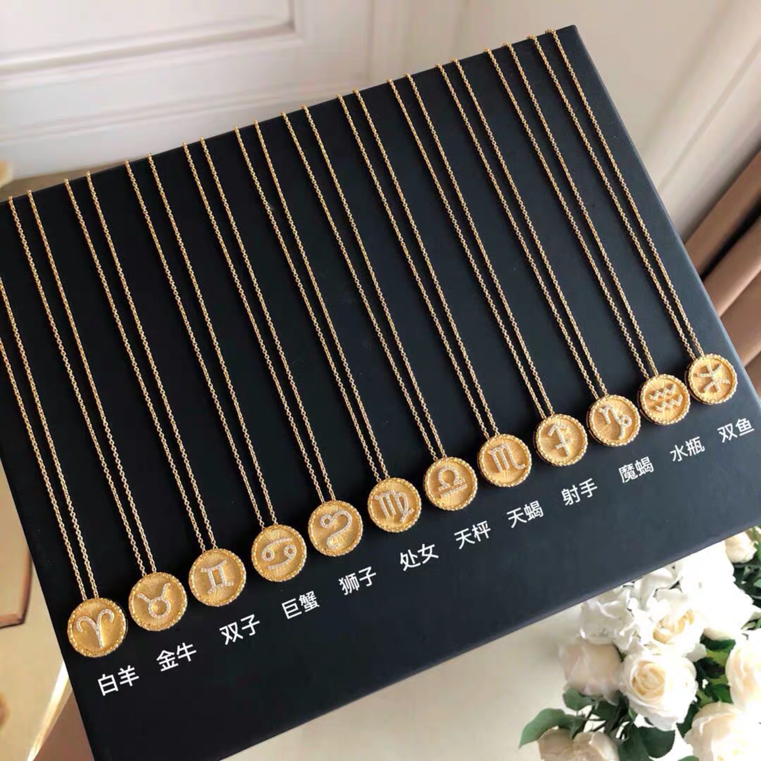 十二星座项链18K金吊坠圆牌金币锁骨链纯银高级小众颈链生日礼物