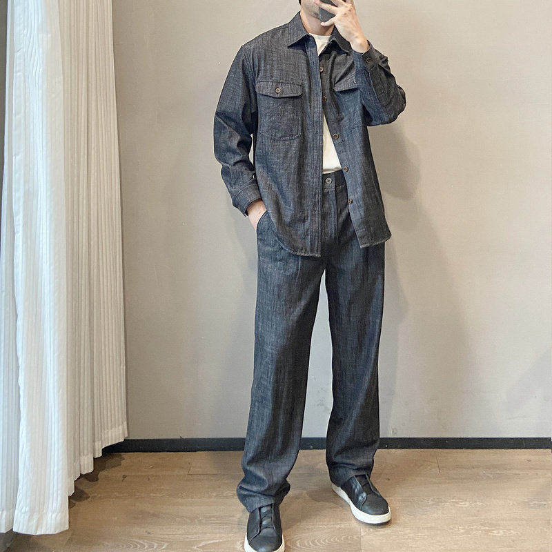 潮牌牛仔衬衫长裤两件套男士春季高级感时尚薄款宽松通勤休闲套装