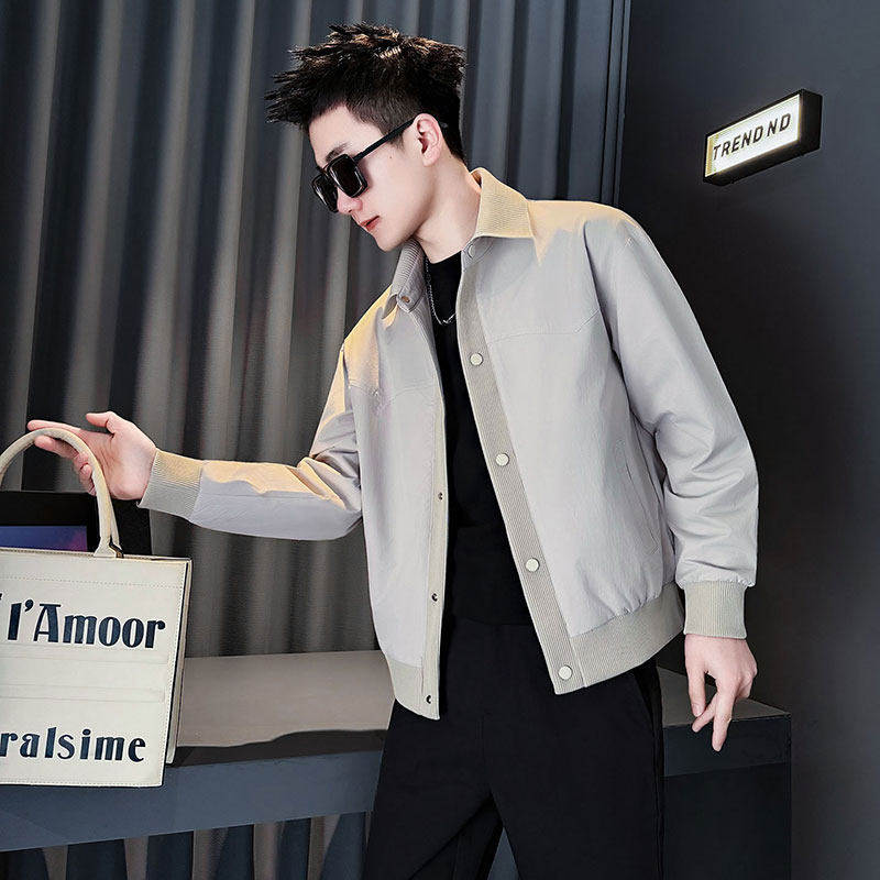 轻奢高级翻领纽扣夹克外套男士春季新款设计感拼接休闲痞帅上衣