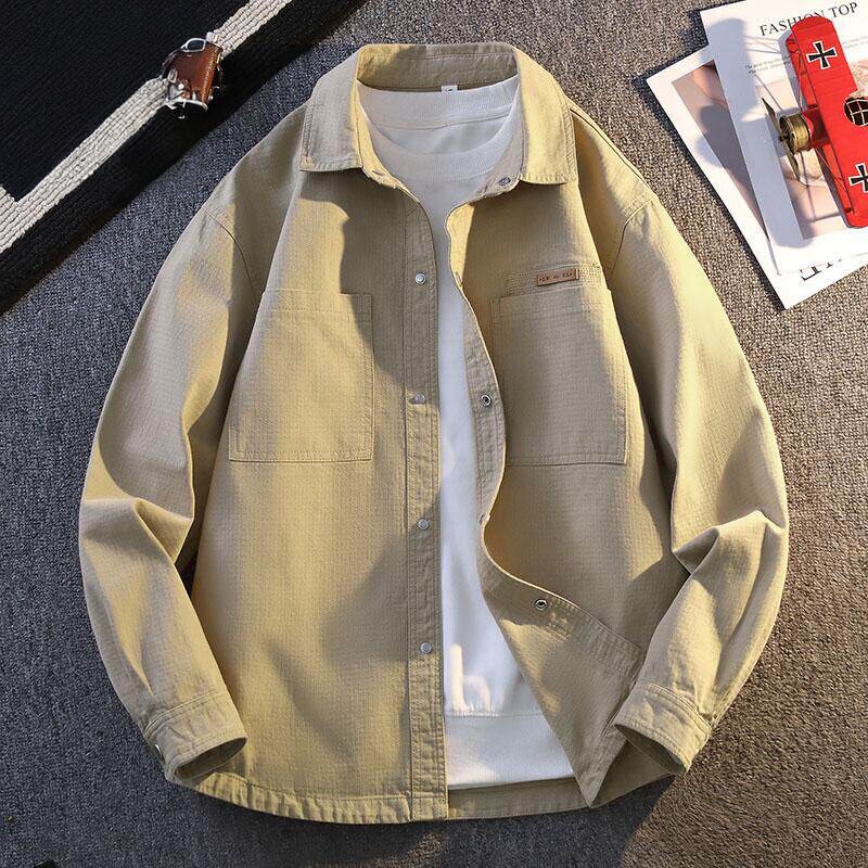 潮牌宽松长袖衬外套男新款春季时尚百搭工装薄款休闲翻领夹克上衣